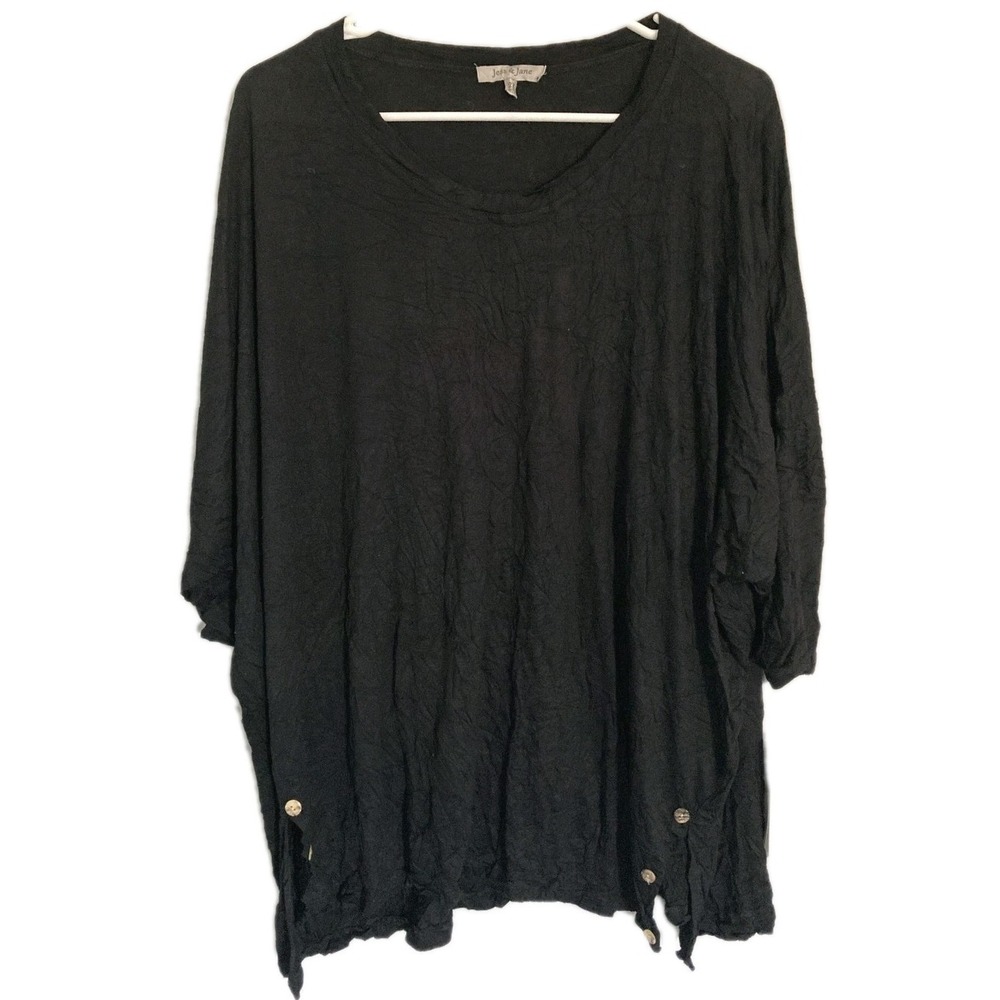 Jess & Jane Shirt Women 2X Blk Crinkle Dolman Tunic Top Button Hem Bamboo NWT